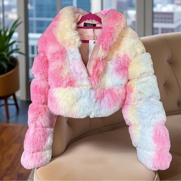 AKIRA NWT Stunning Multicolor Faux Fur Cropped Teddy Hooded Jacket (0722) - Picture 5 of 15